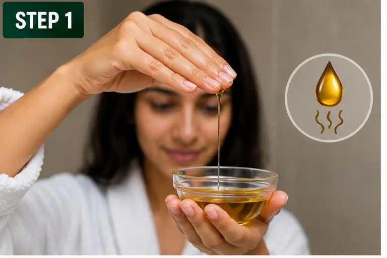 Pour and warm Anu Herbs Ayurvedic hair oil