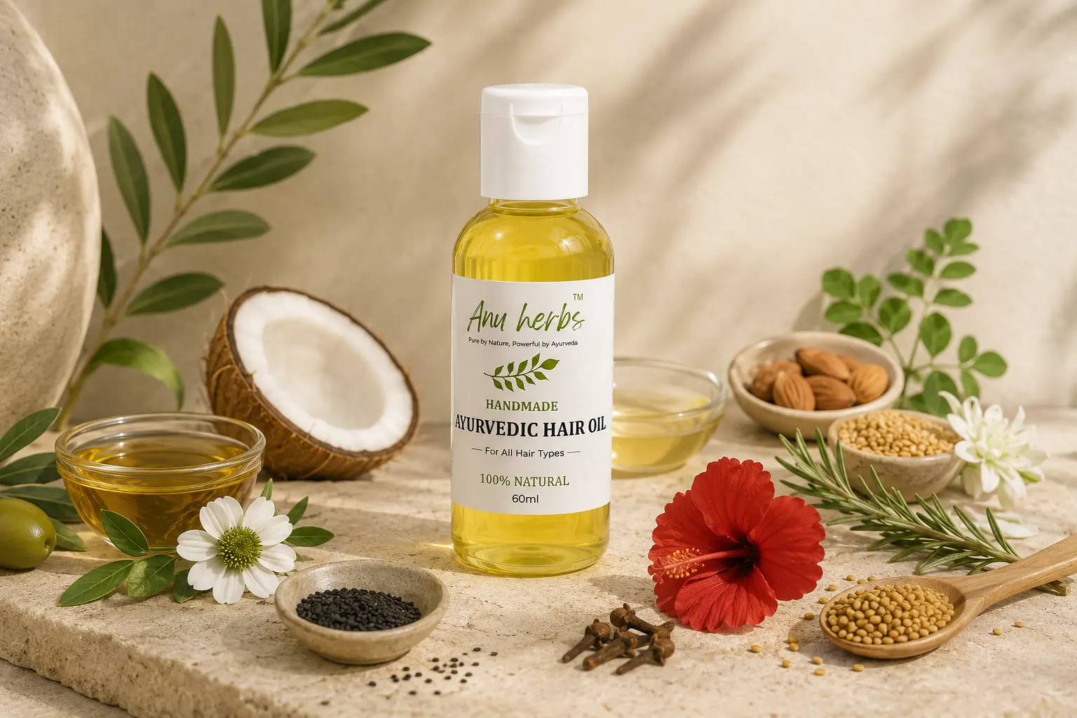 Anu Herbs Ayurvedic Hair Oil bottle surrounded by fresh botanicals, coconut, and cold-pressed oils