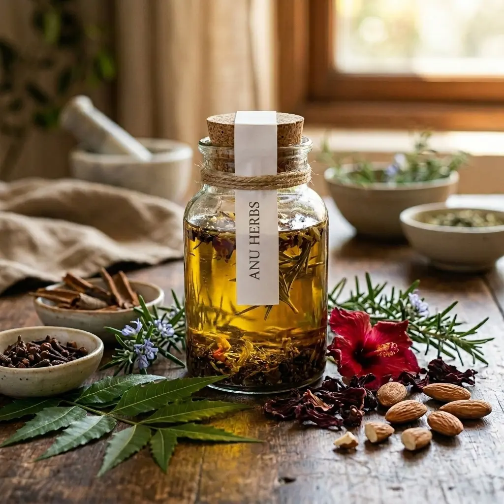 Artisanal handmade hair oil preparation with raw botanicals