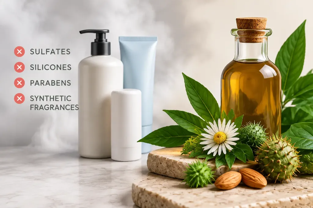 Chemical overload from sulfates, silicones, and parabens vs natural botanical oils