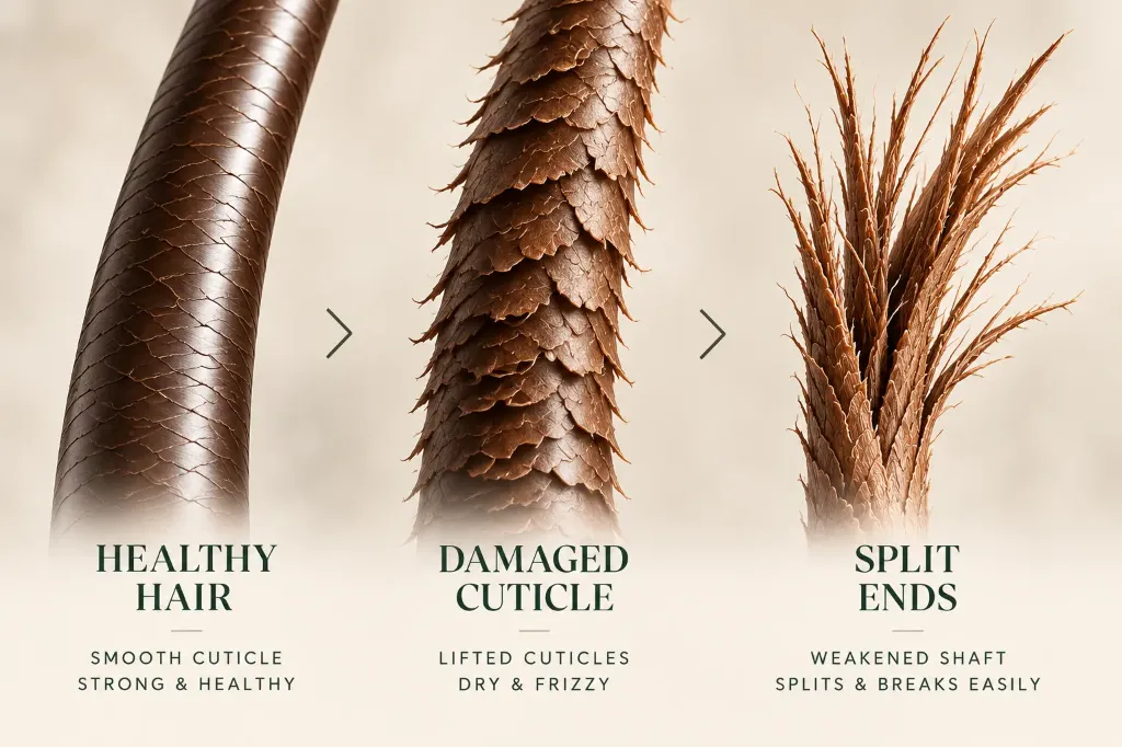 Healthy hair cuticle vs lifted damaged cuticle and split ends