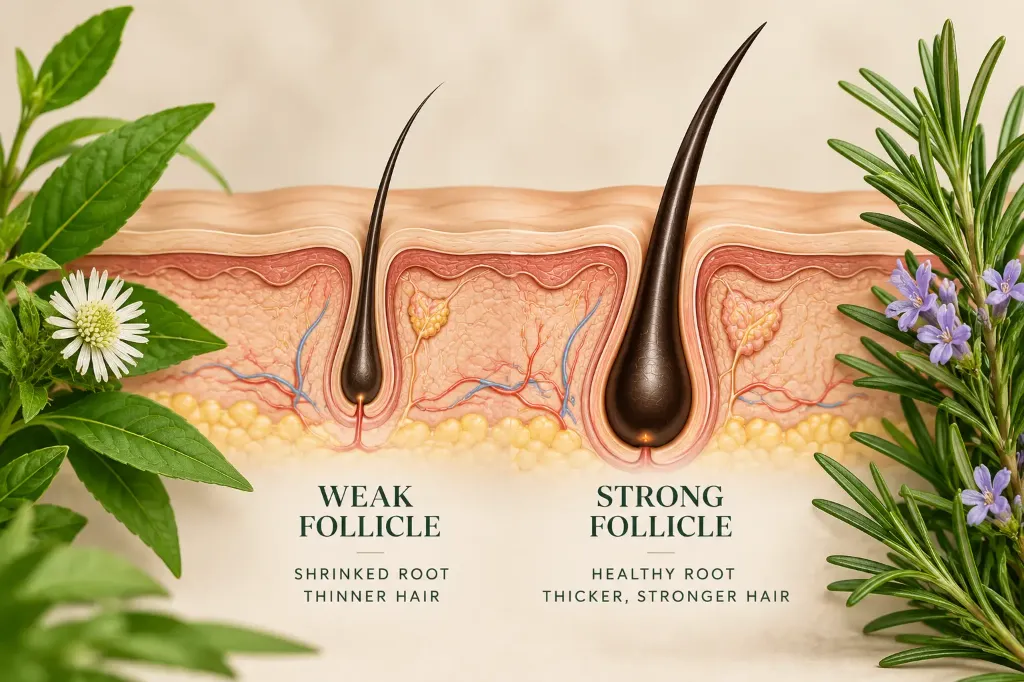 Weak hair root follicle vs strong nourished follicle